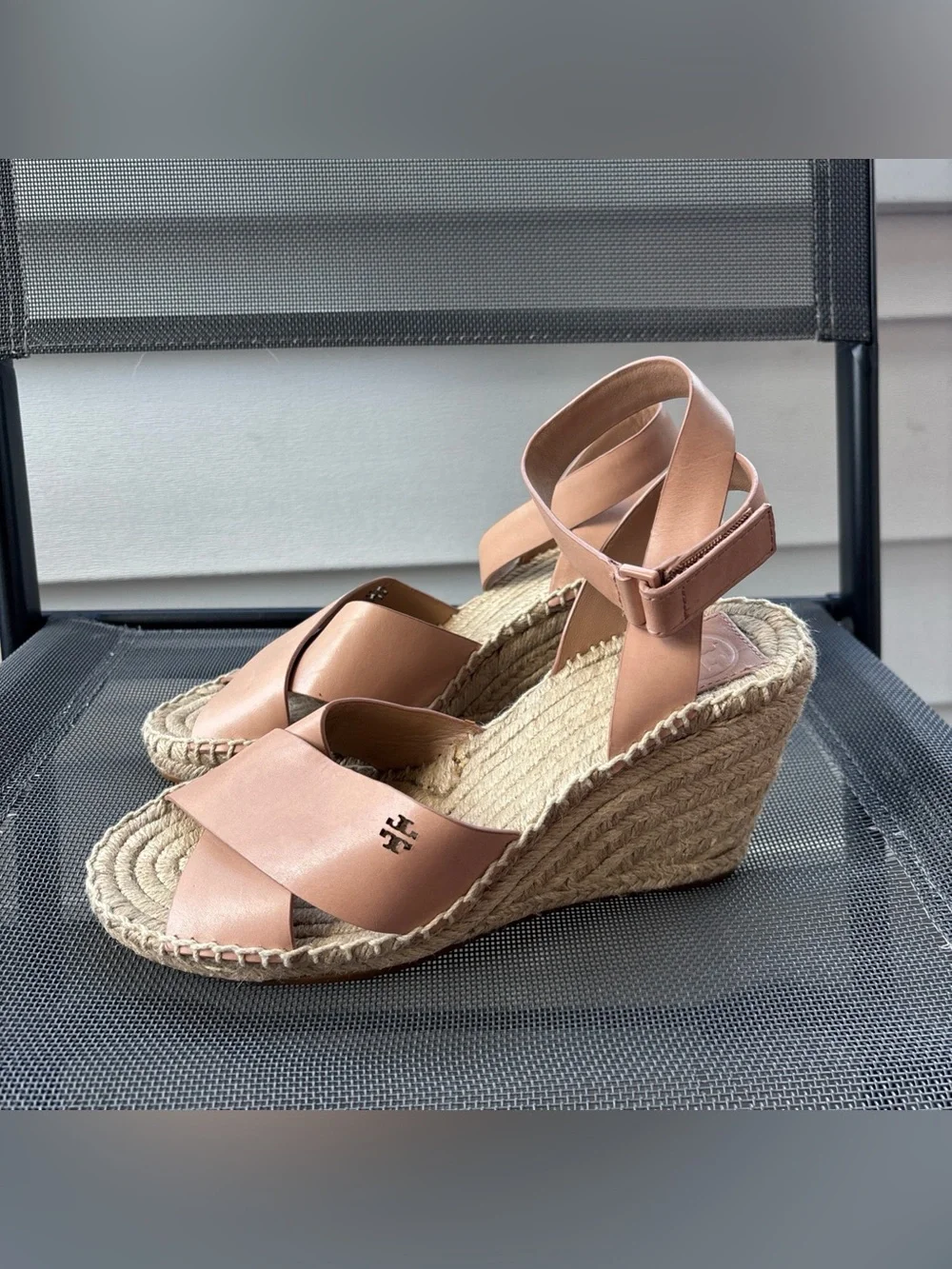 Tory Burch Tan Leather Wedge Espadrille Sandals Size 8.5